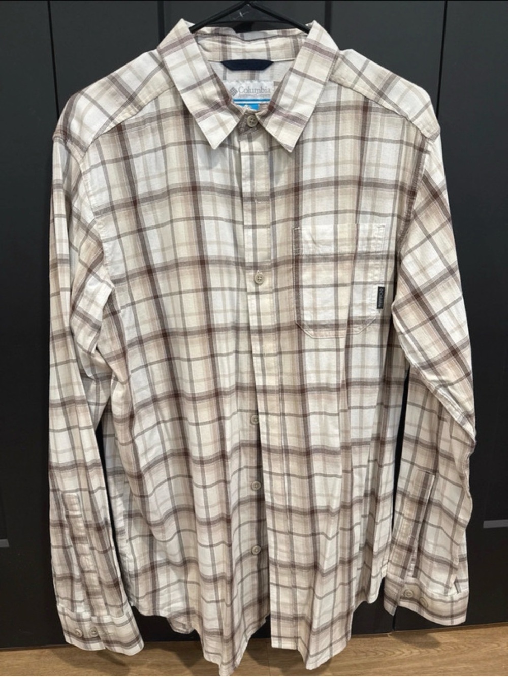 Columbia Men's Cream and Brown Plaid Button-Down Shirt